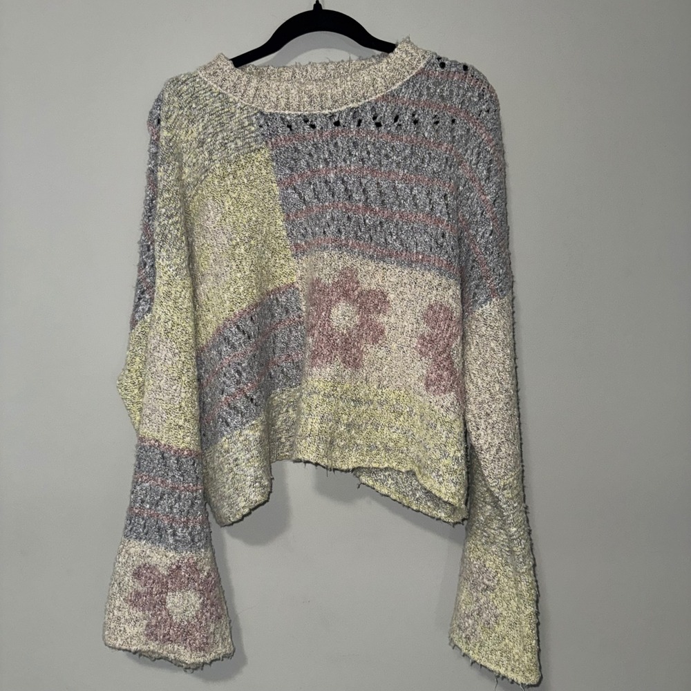 Sincerely Jules Womens Patchwork Floral Boucle Knit Cropped Sweater Multicolor L